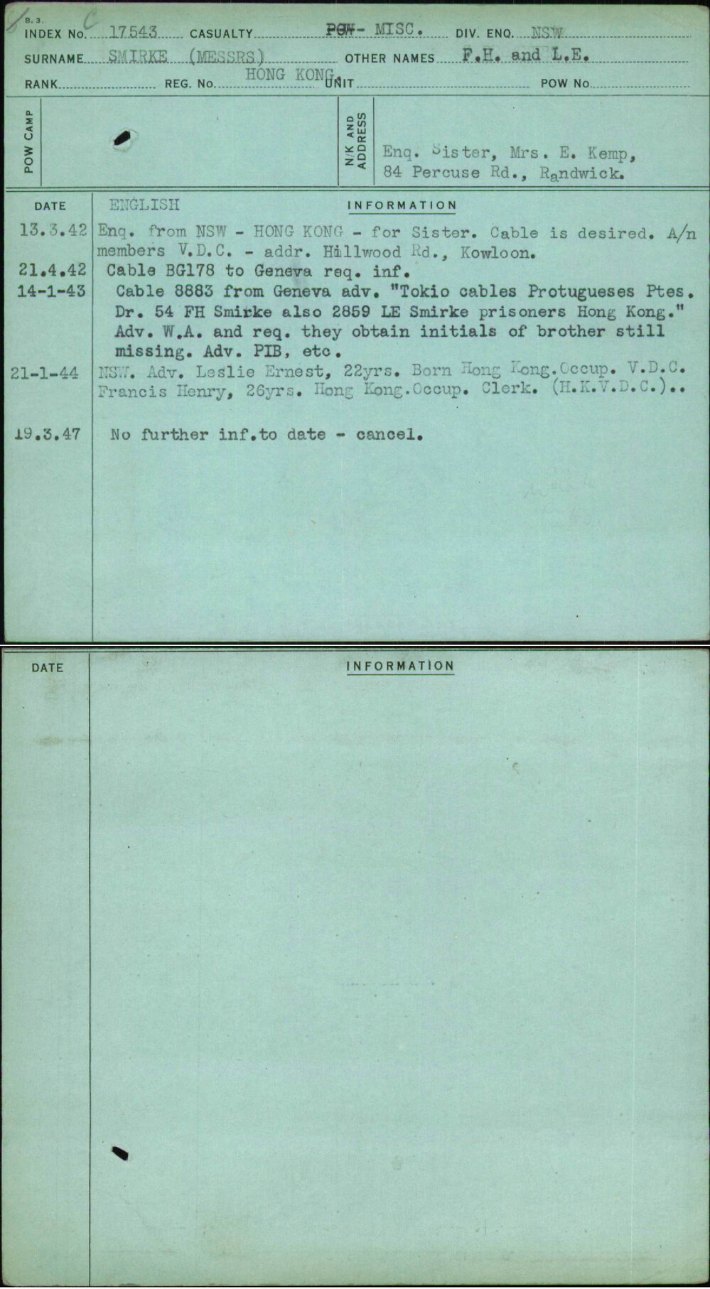 Smirke (Messrs), F H And L E, [No Service Number]