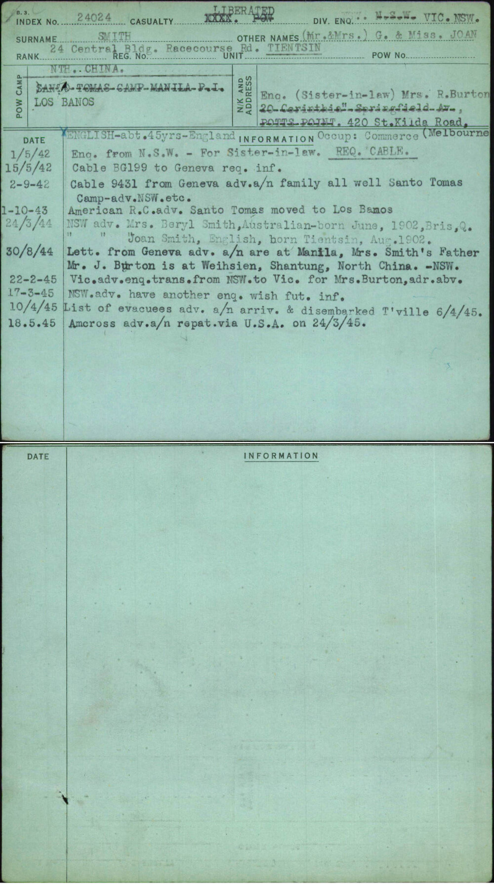 Smith, (Mr &amp; Mrs) G &amp; Miss Joan, [No Service Number]