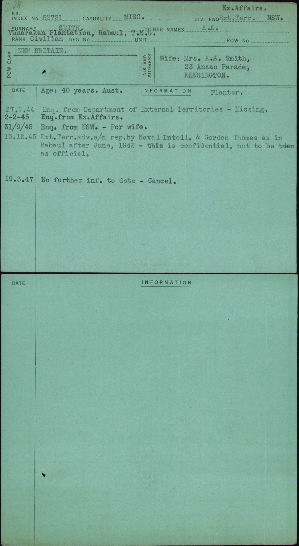 Smith, A A, [No Service Number]