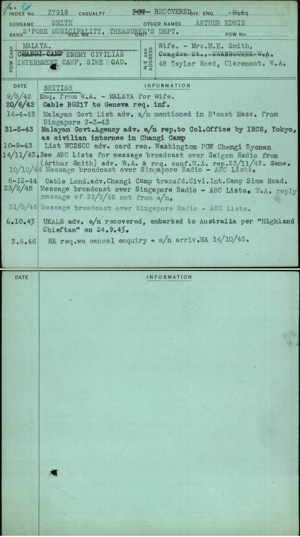 Smith, Arthur Edwin, [No Service Number]