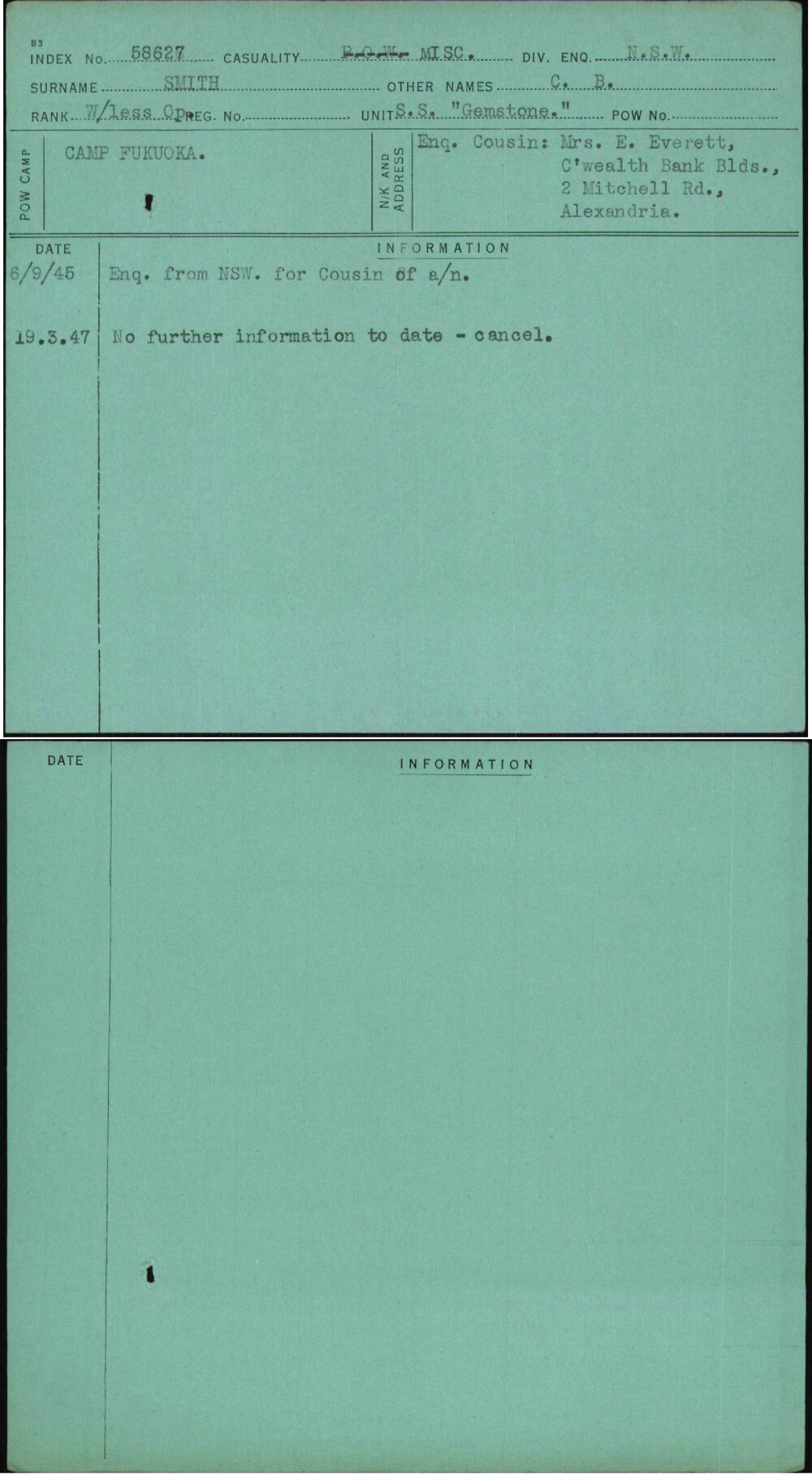 Smith, C B, [No Service Number]