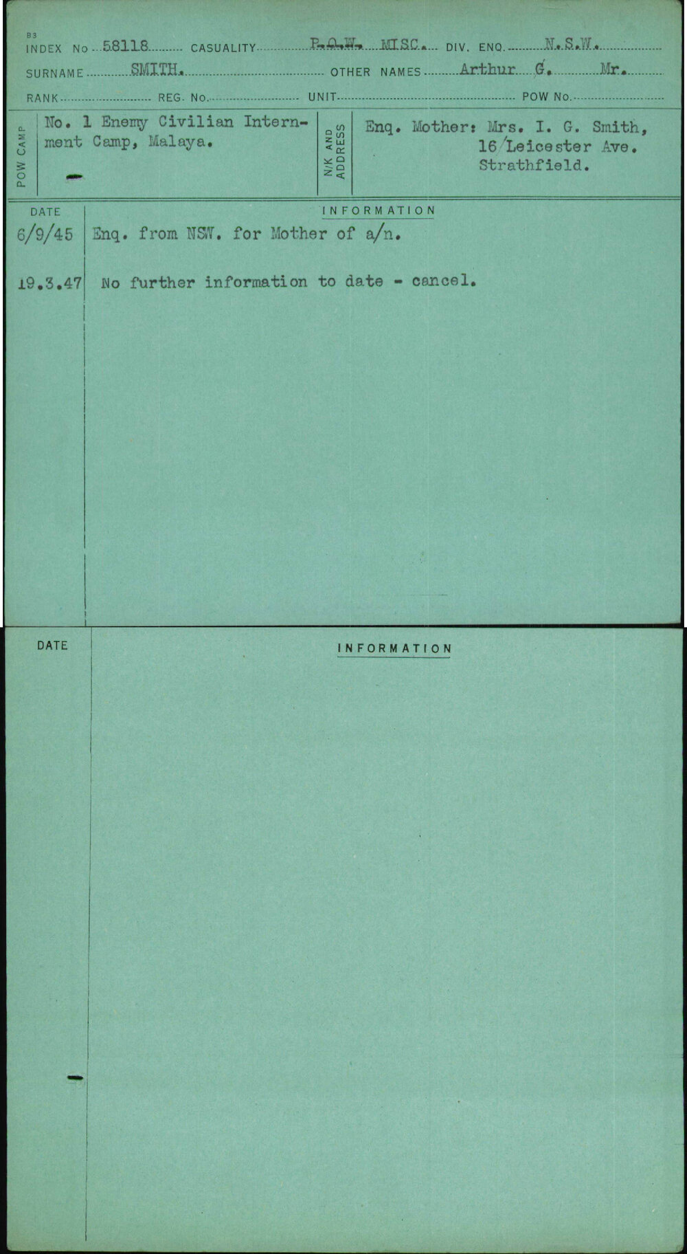 Smith, Arthur G Mr, [No Service Number]