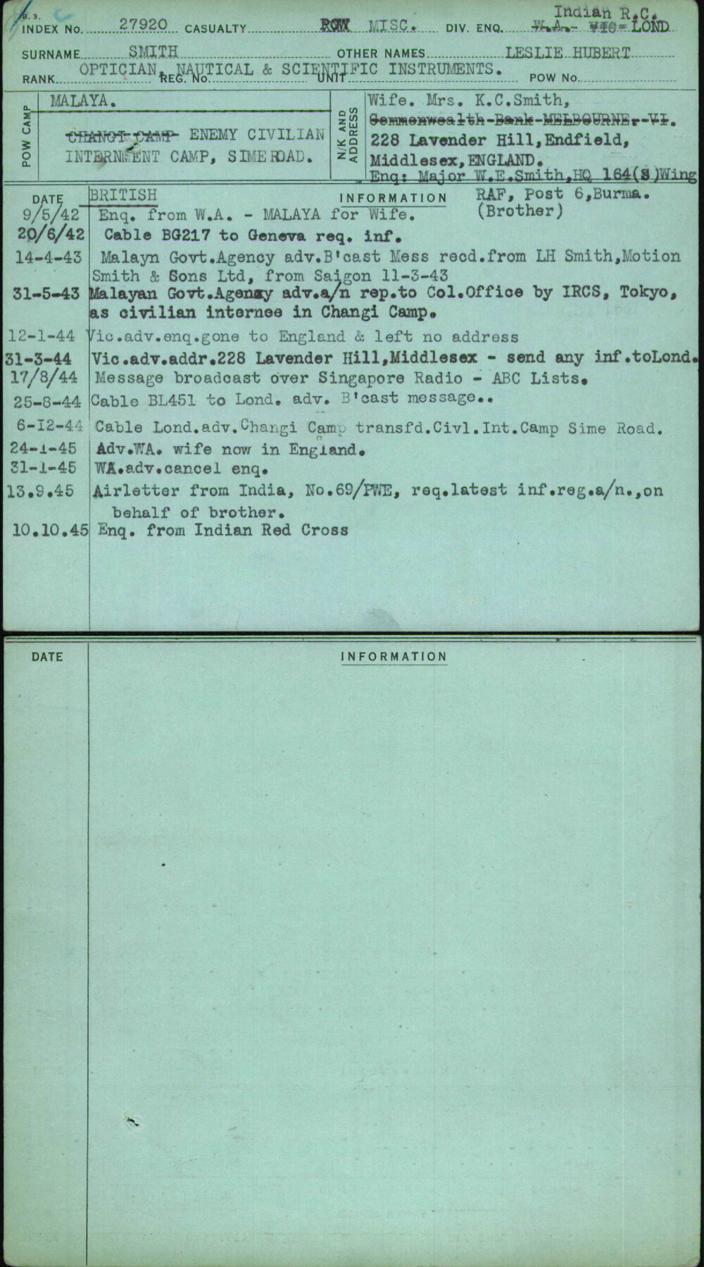 Smith, Leslie Hubert, [No Service Number]