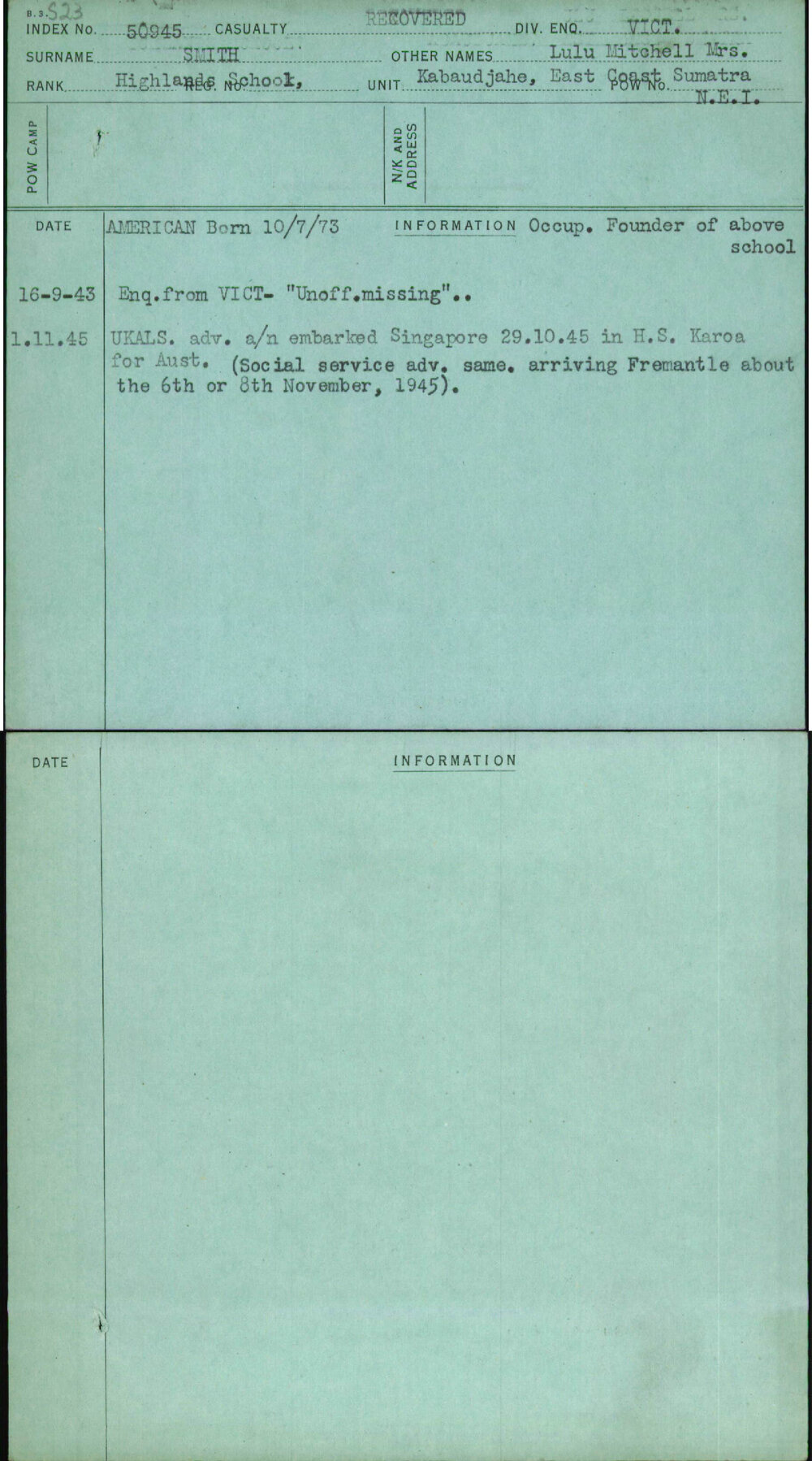 Smith, Lulu Mitchell Mrs, [No Service Number]