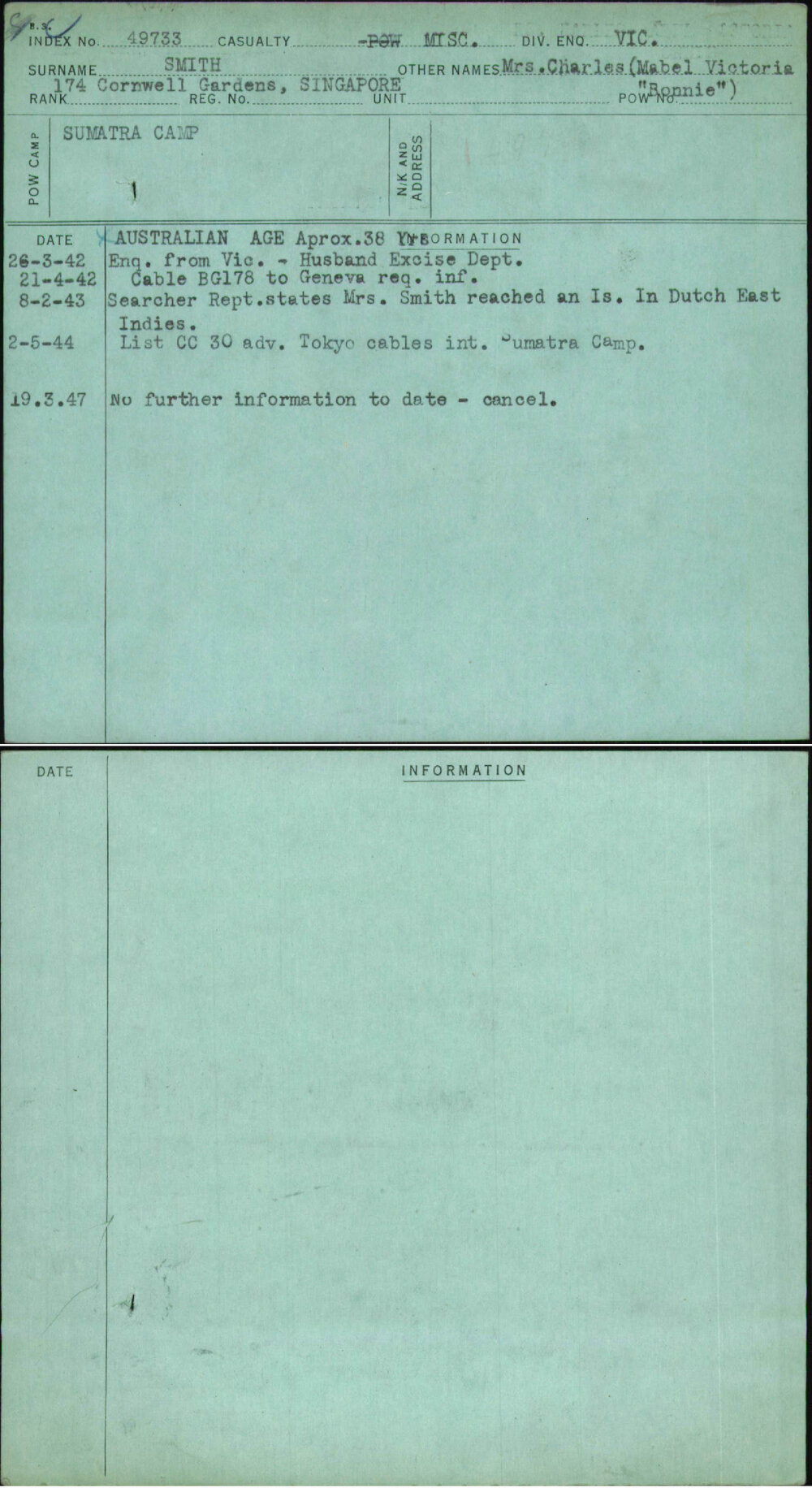 Smith, Mrs Charles (Mabel Victoria Bonnie), [No Service Number]
