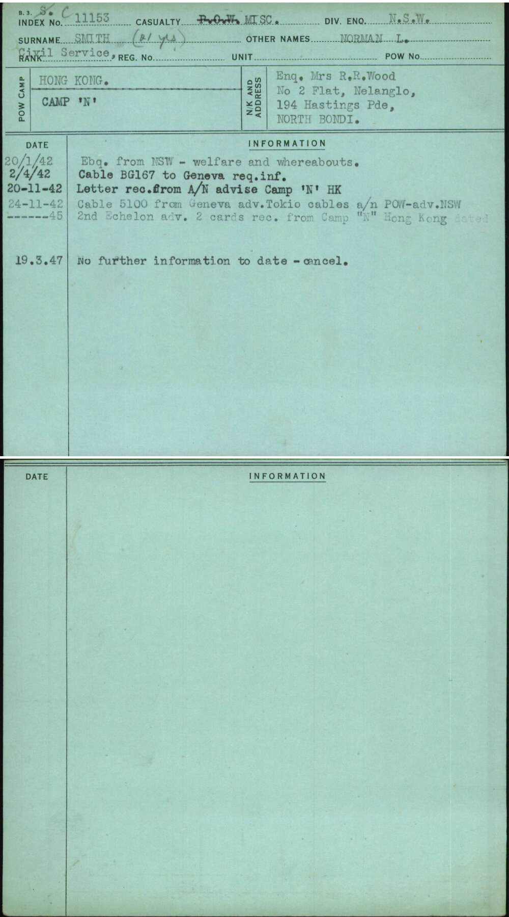 Smith, Norman L, [No Service Number]