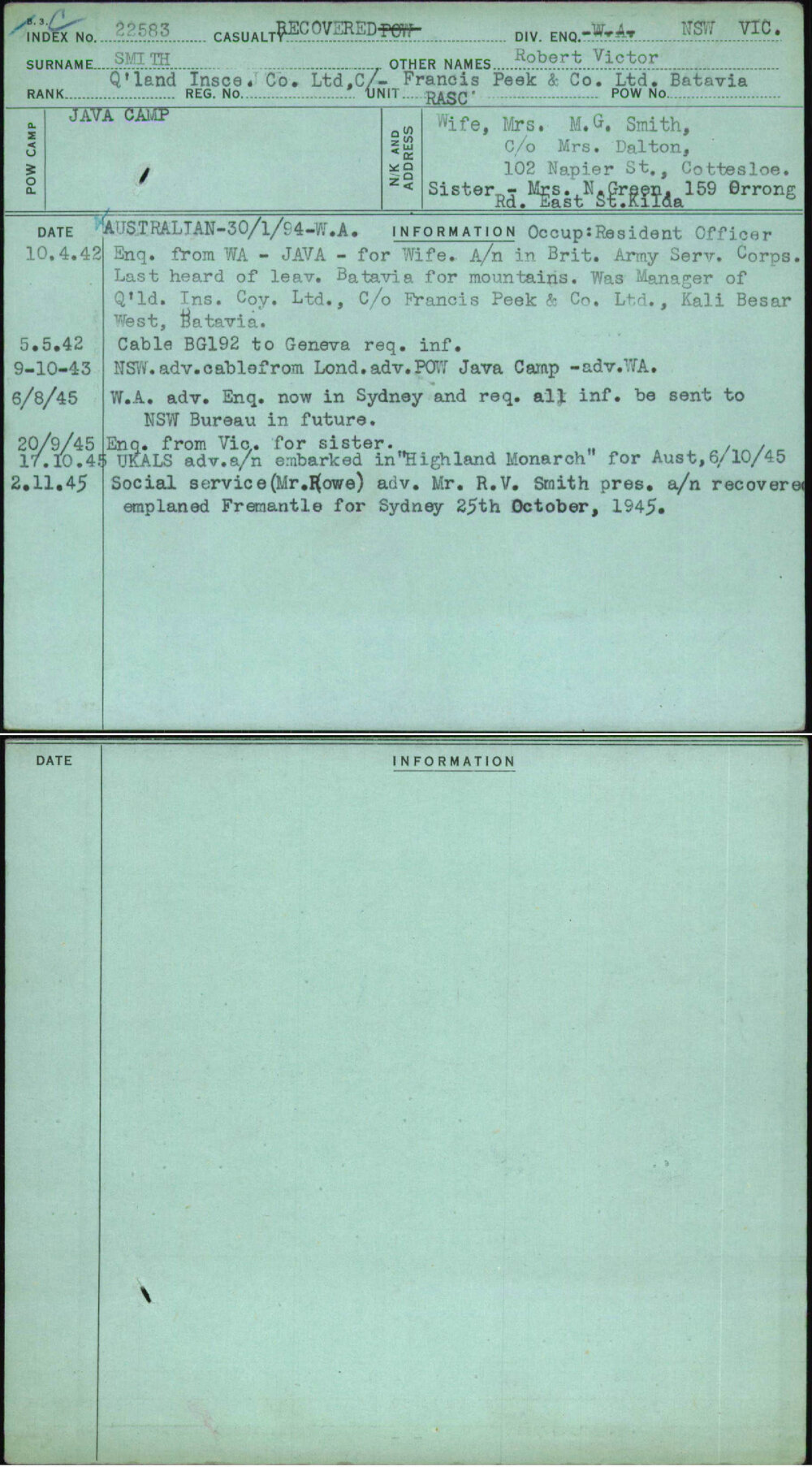 Smith, Robert Victor, [No Service Number]