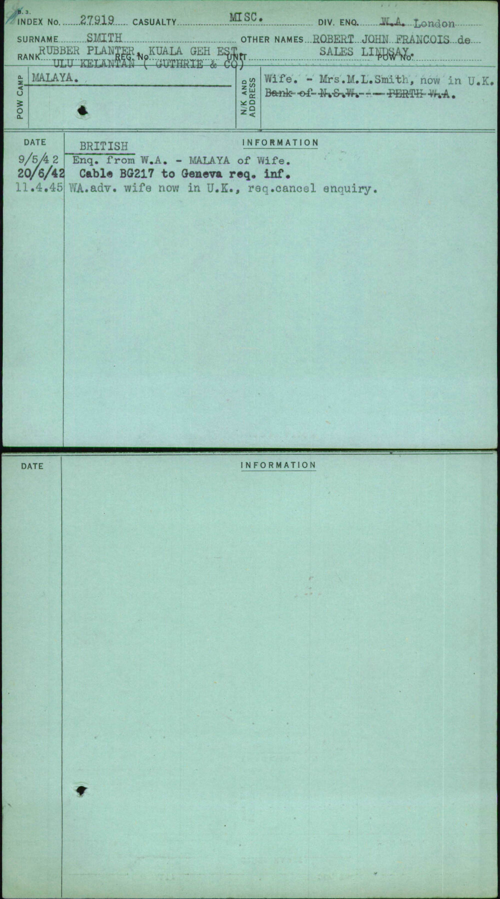 Smith, Robert John Francois De Sales Lindsay, [No Service Number]