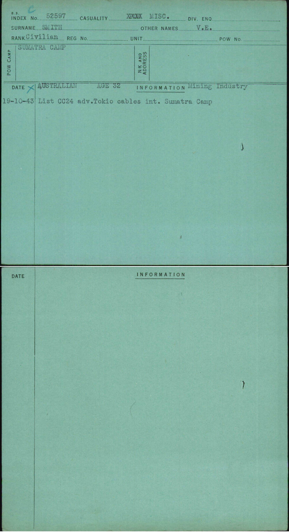 Smith, V E, [No Service Number]