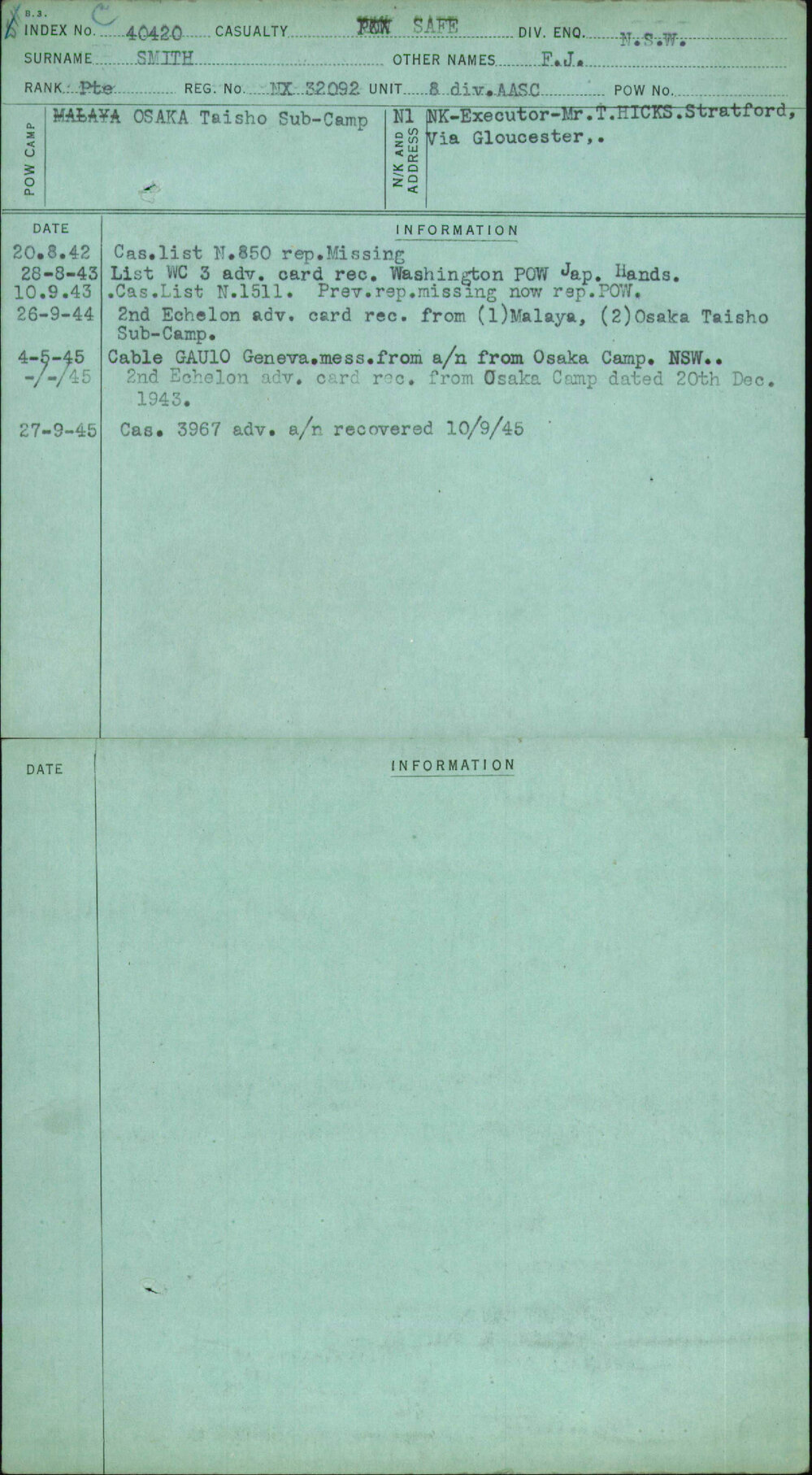 Smith, F J, NX32092