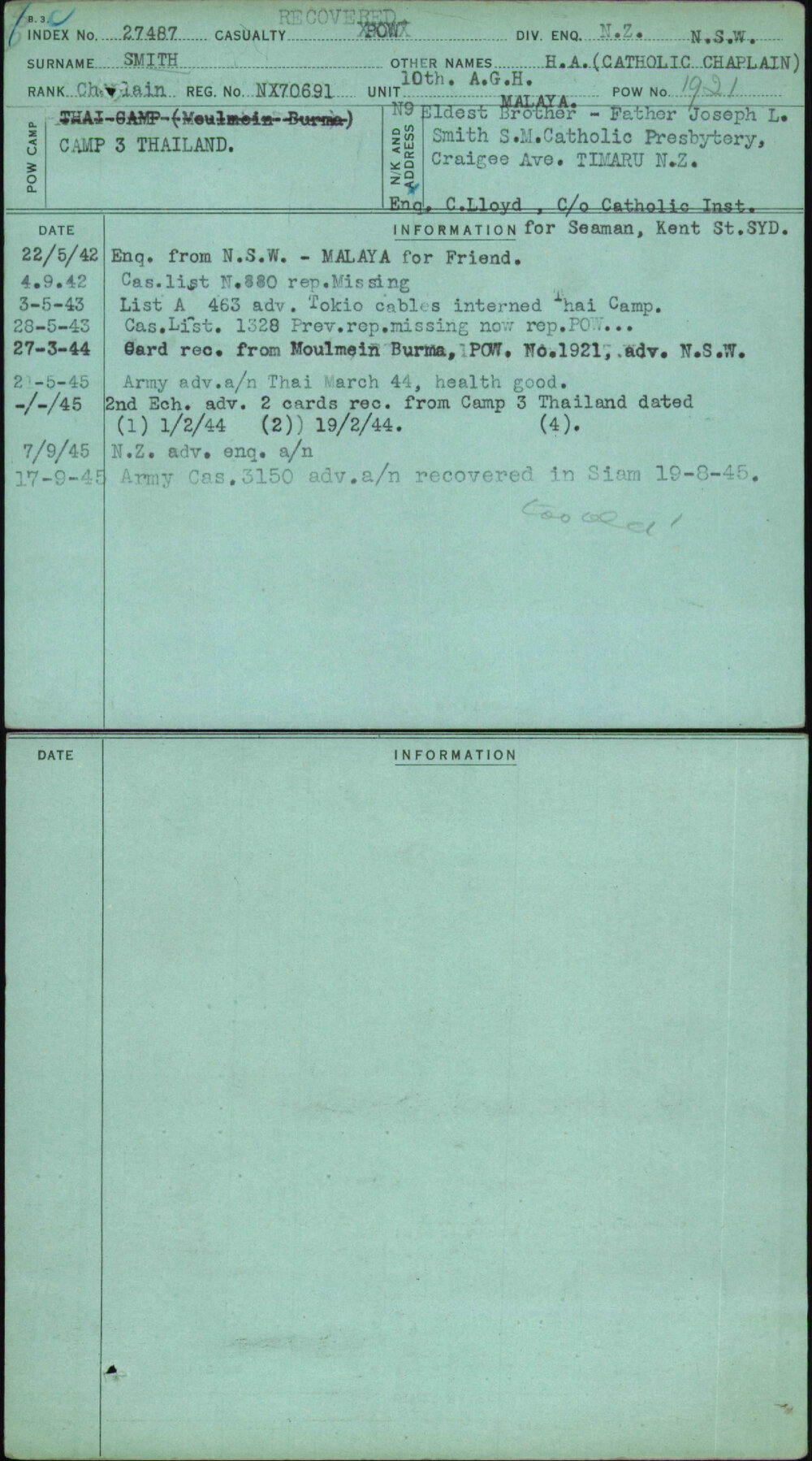 Smith, H A (Catholic Chaplain), NX70691