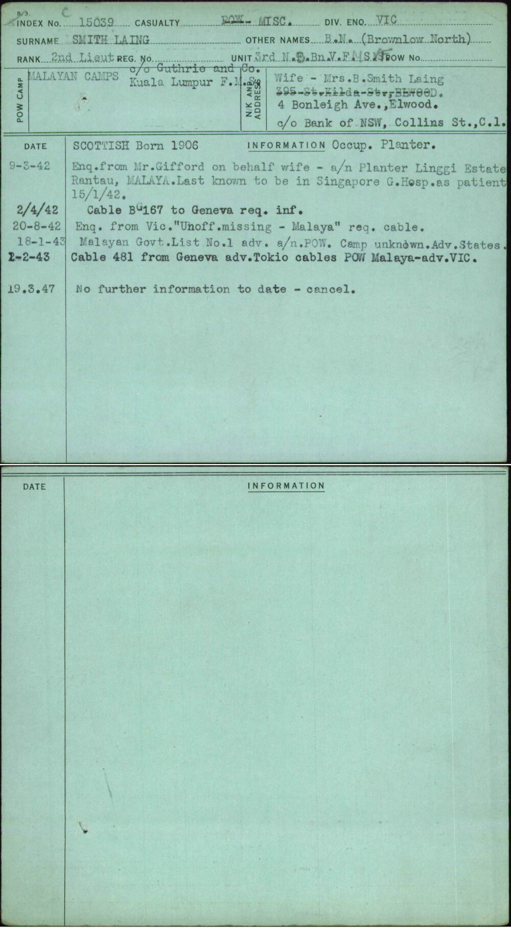 Smith Laing, B N (Brownlow North), [No Service Number]