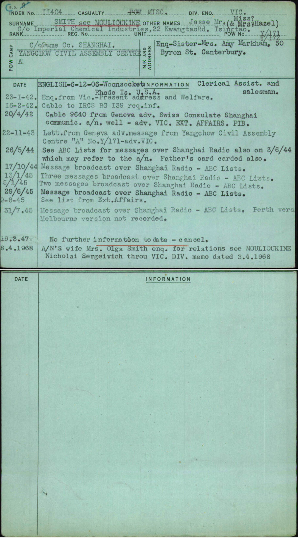 Smith See Moulioukine, Jesse Mr (Miss &amp; Mrs Hazel), [No Service Number]