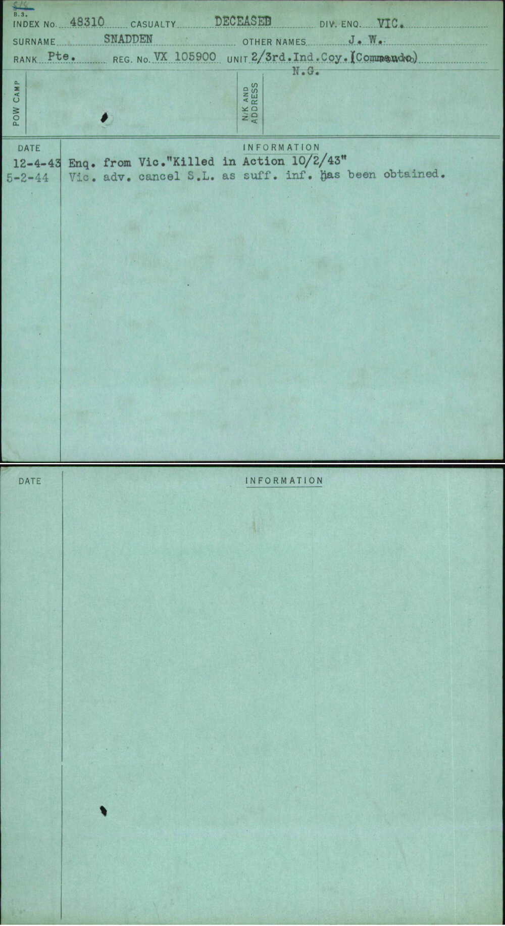 Snadden, J W, VX105900
