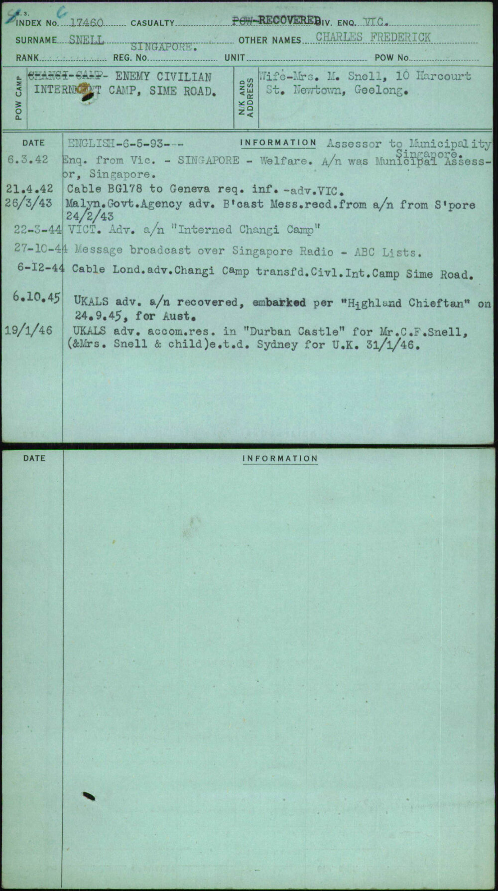 Snell, Charles Frederick, Singapore