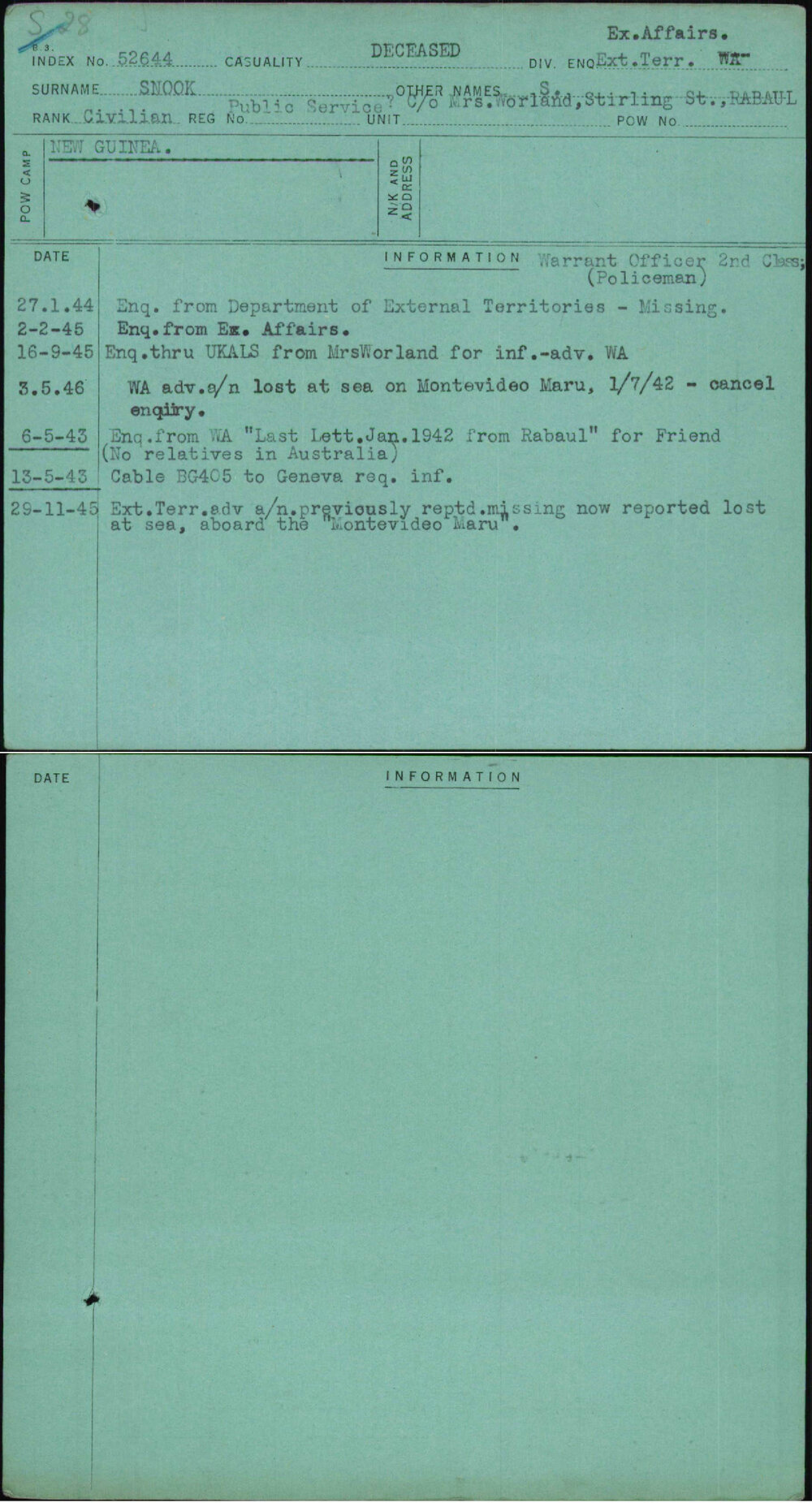 Snook, S, [No Service Number]