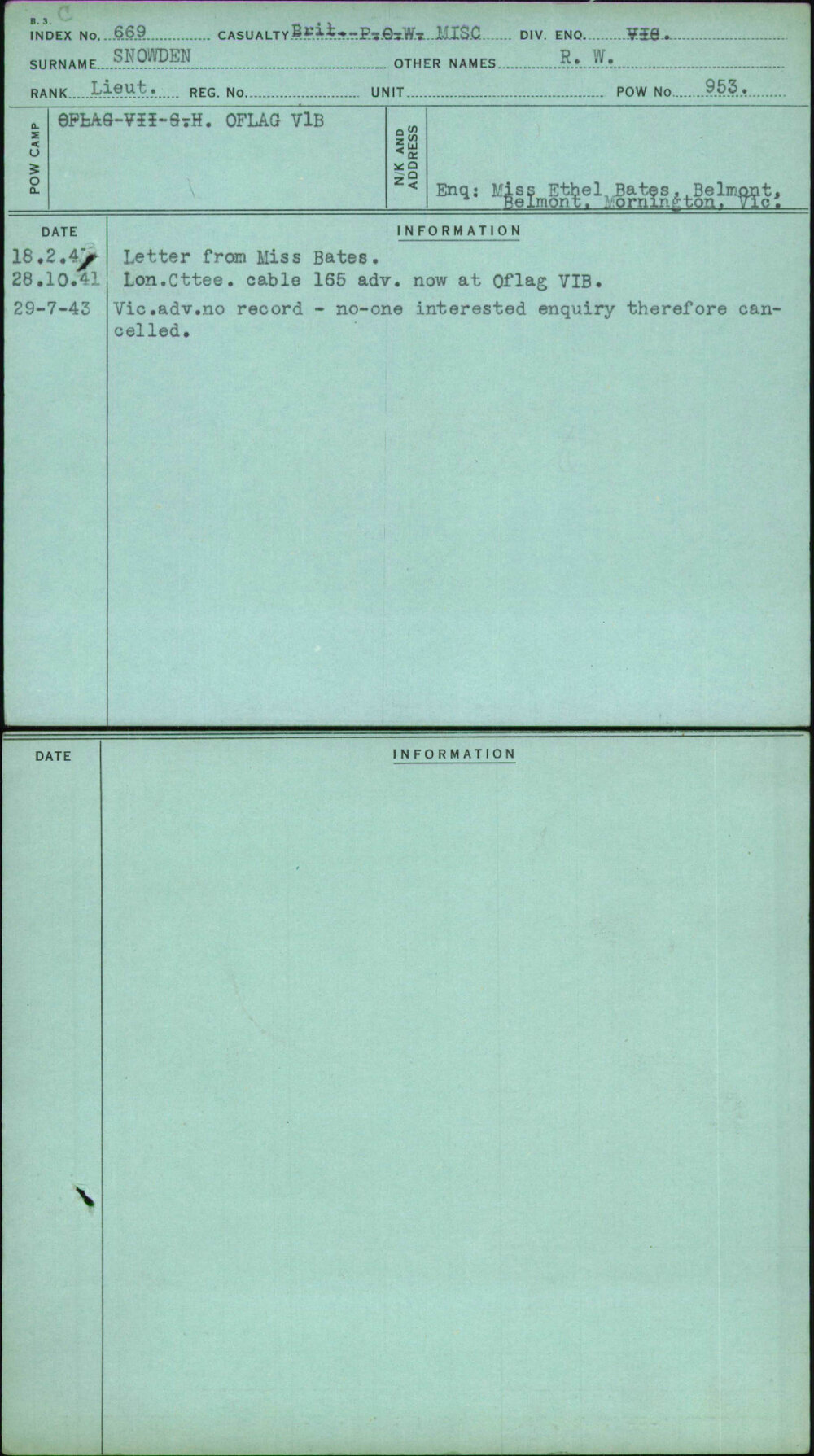 Snowden, R W, [No Service Number]