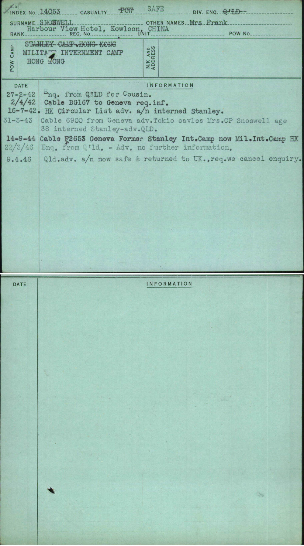 Snowell, Mrs Frank, [No Service Number]