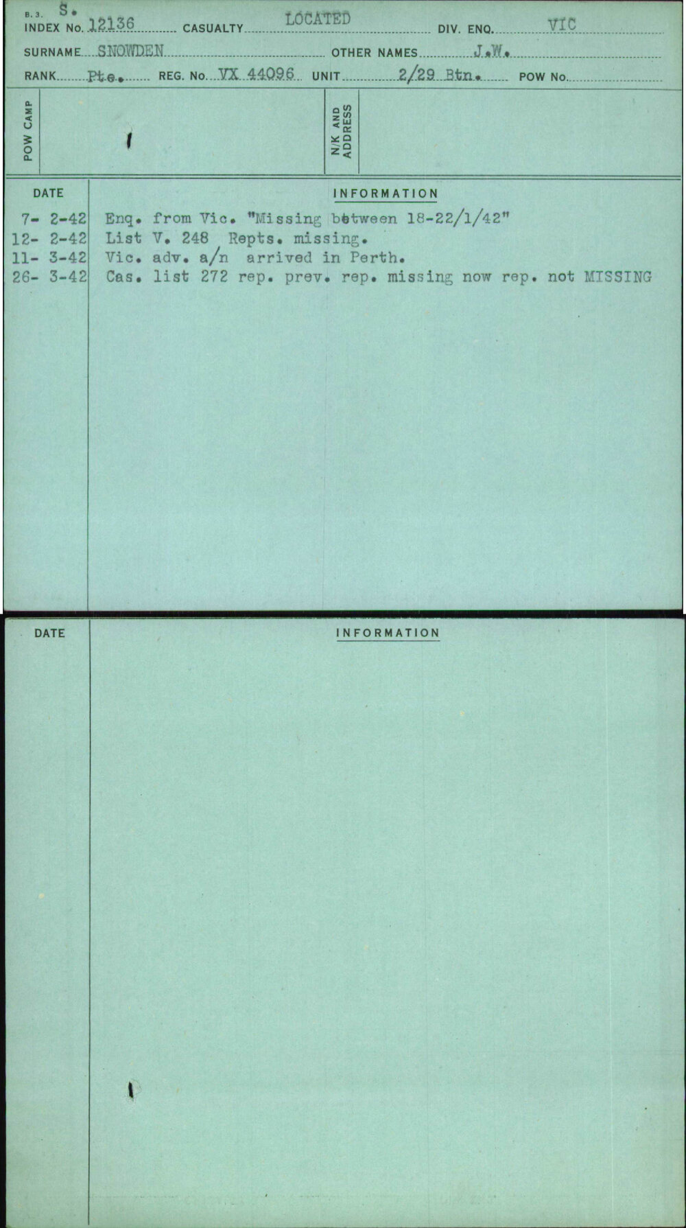 Snowden, J W, VX44096
