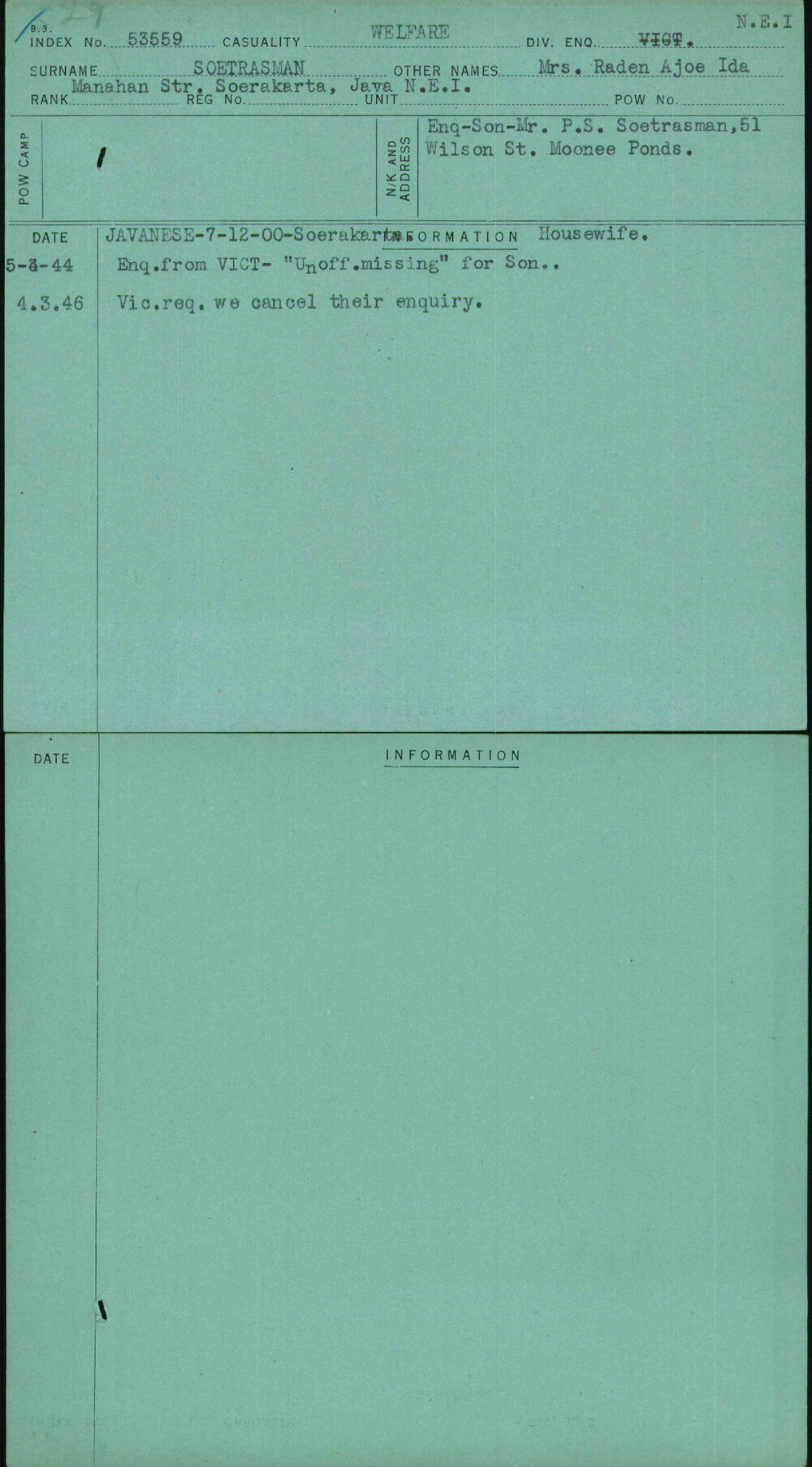 Soetrasman, Mrs Raden Ajoe Ida, [No Service Number]