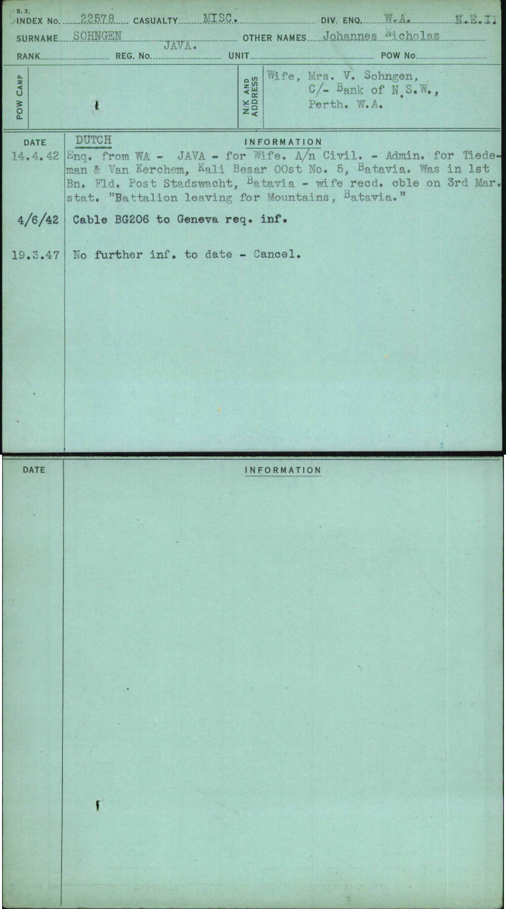 Sohngen, Johannes Nicholas, Java