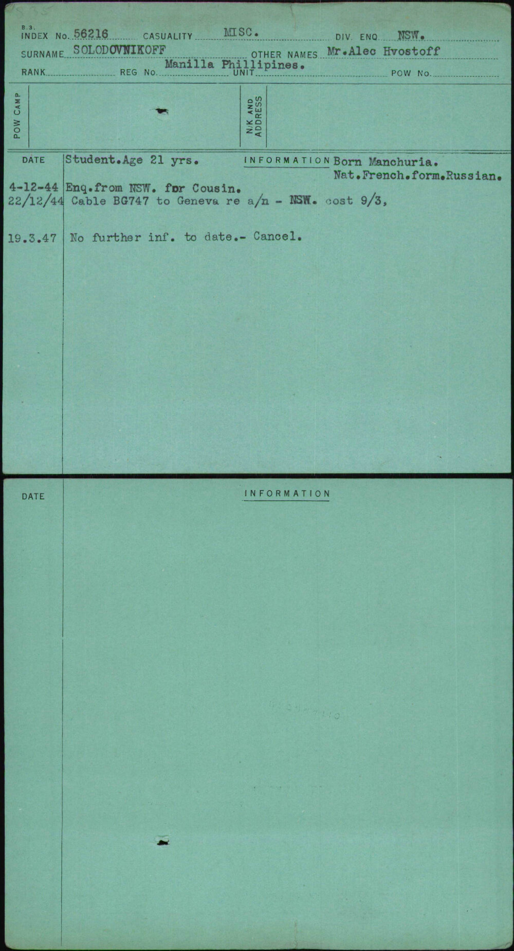 Solodovnikoff, Mr Alec Hvostoff, [No Service Number]