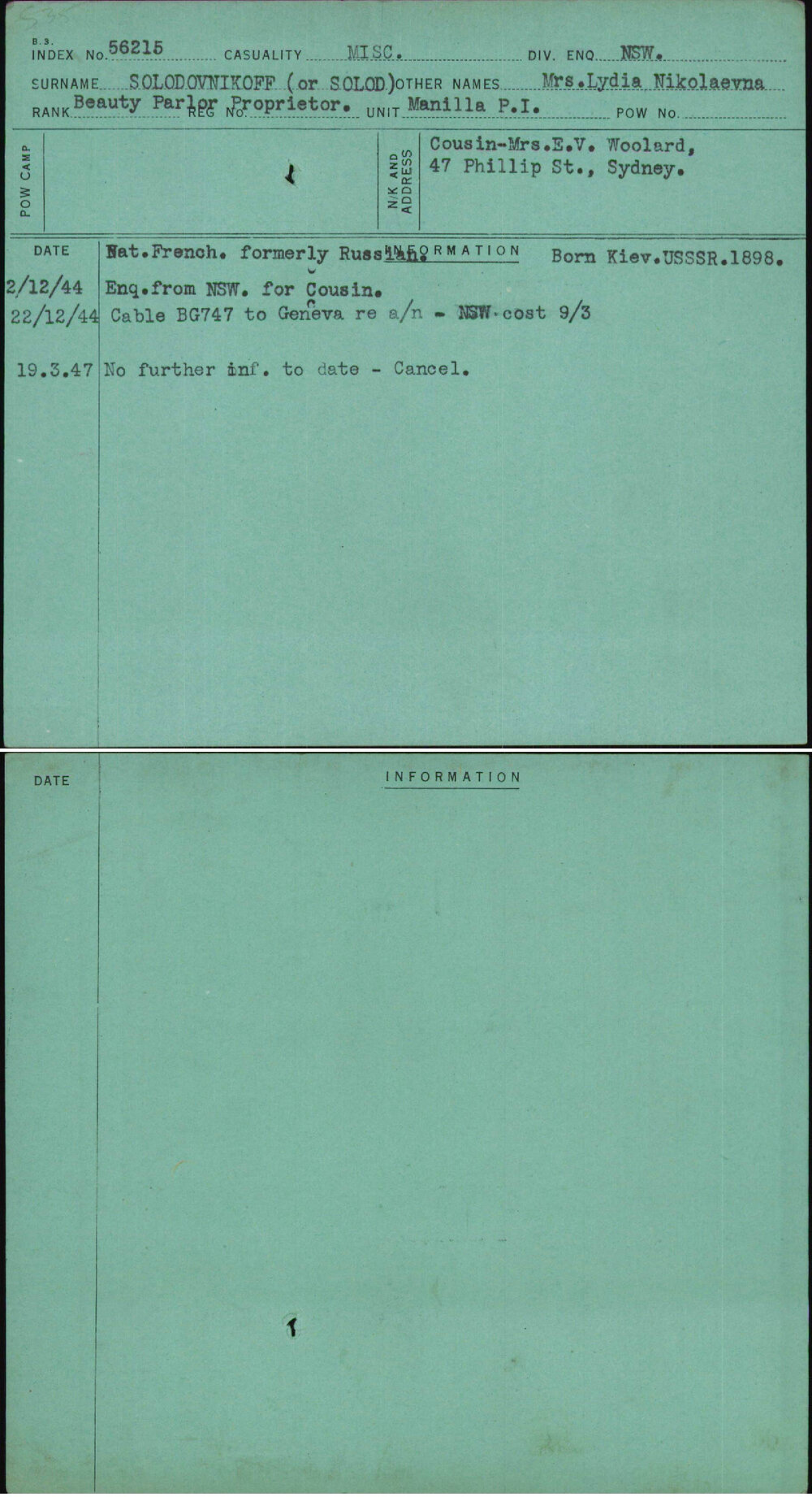 Solodovnikoff (Or Solod), Mrs Lydia Nikolaevna, [No Service Number]