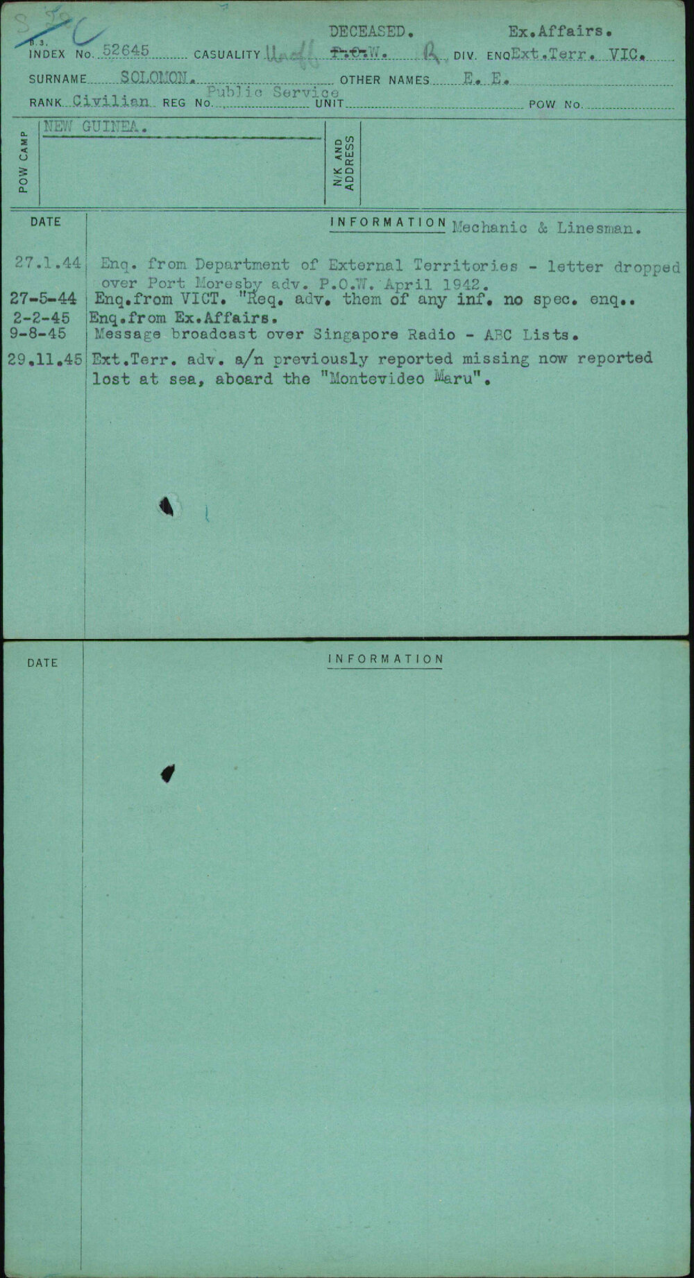Solomon, E E, [No Service Number]