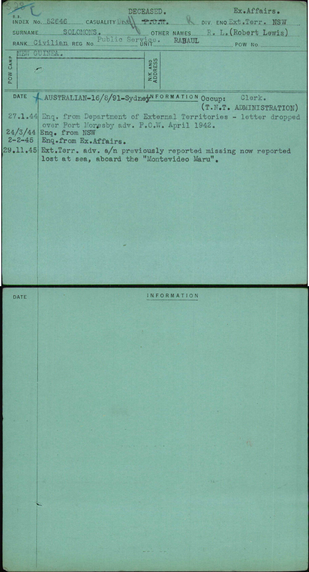 Solomons, R L (Robert Lewis), [No Service Number]