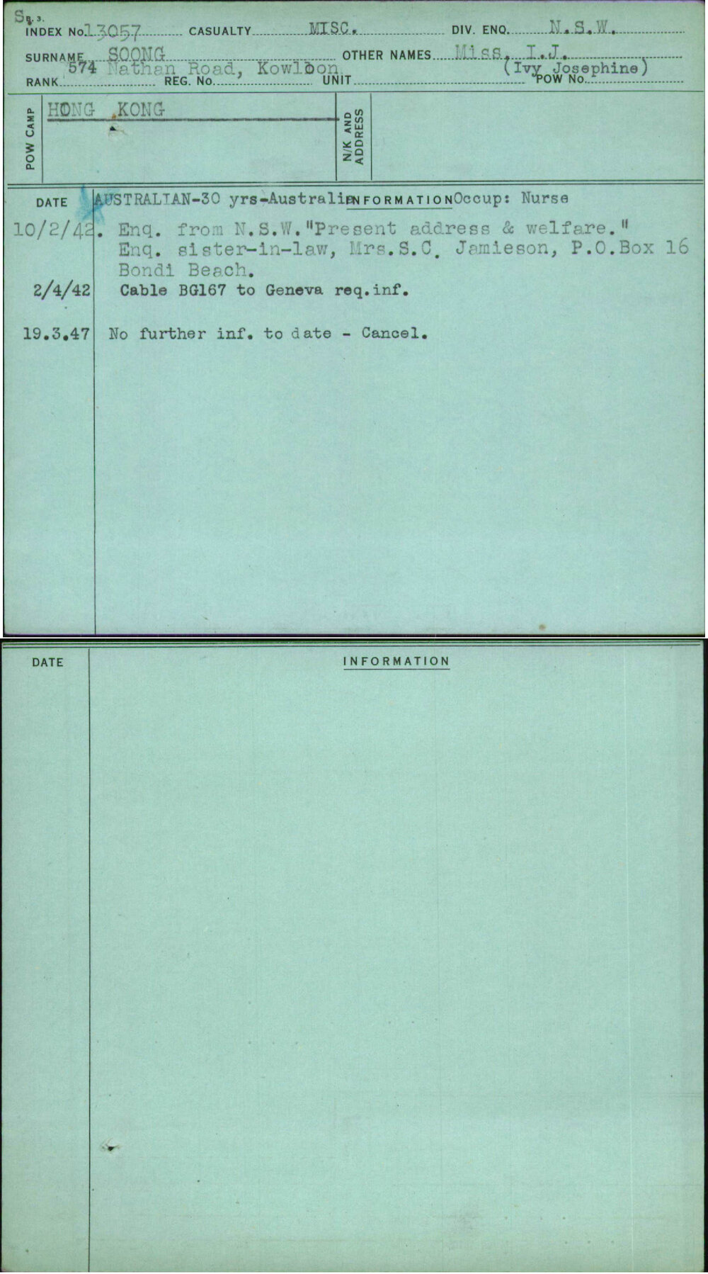 Soong, Miss I J (Ivy Josephine), [No Service Number]