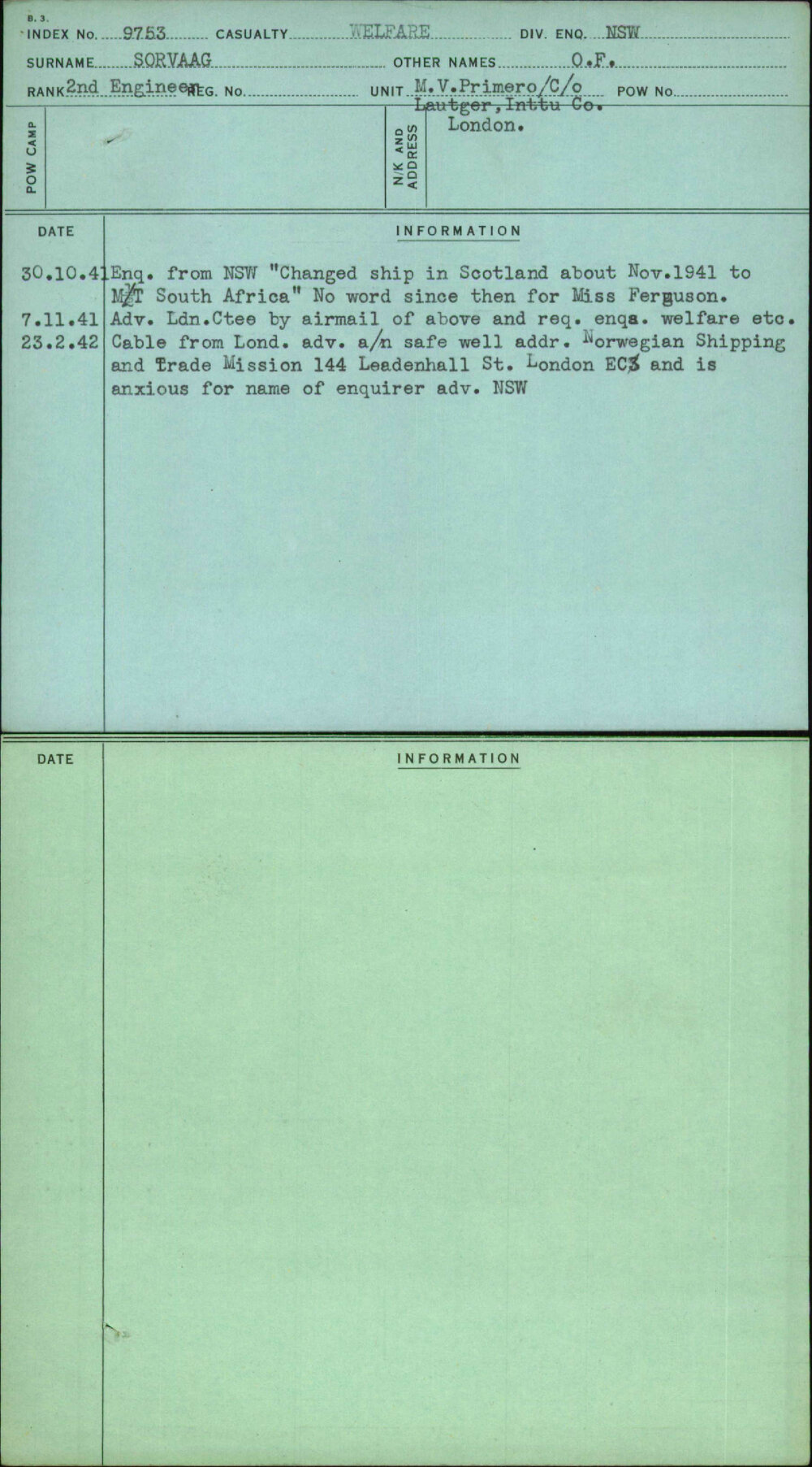 Sorvaag, O F, [No Service Number]