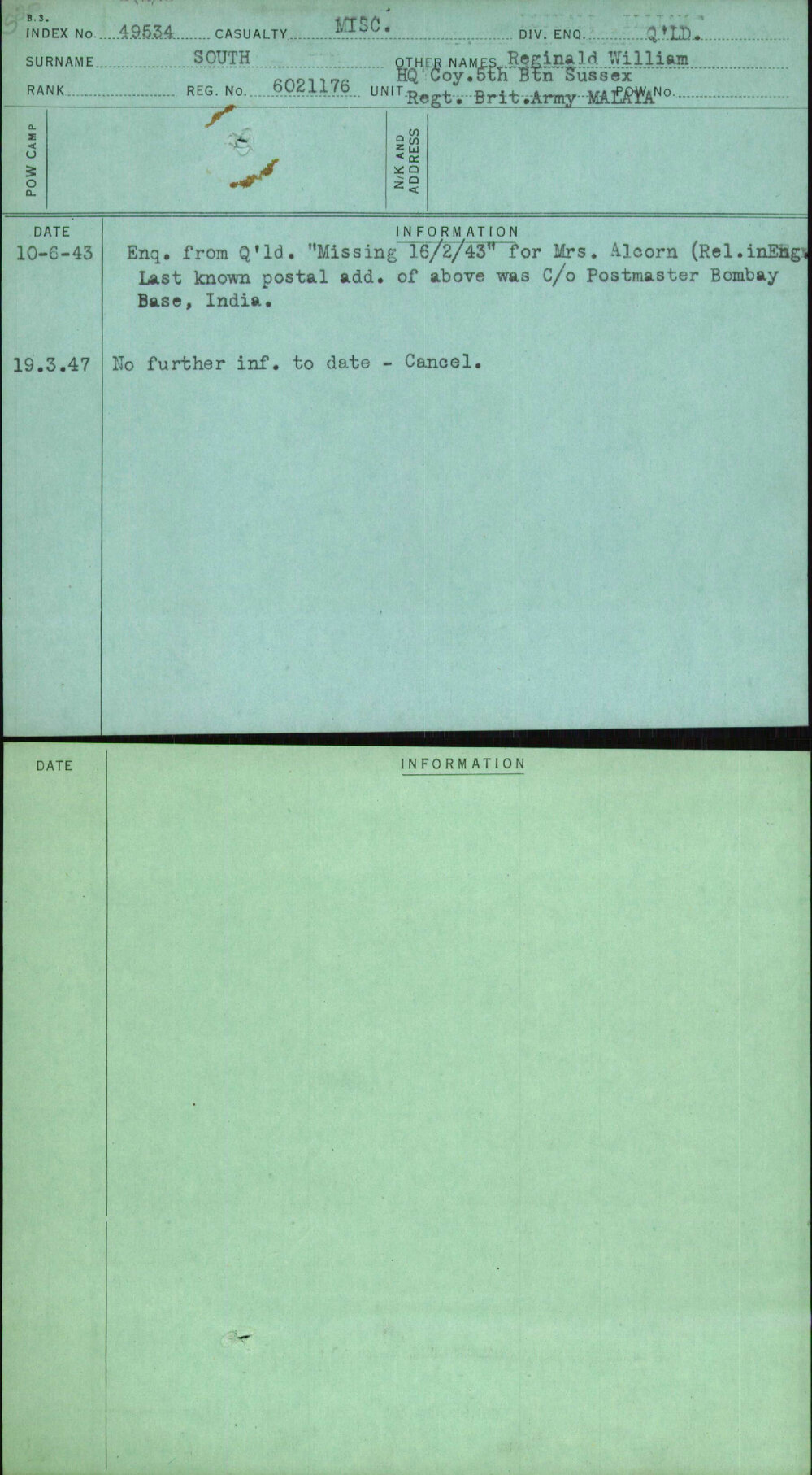 South, Reginald William, 6021176