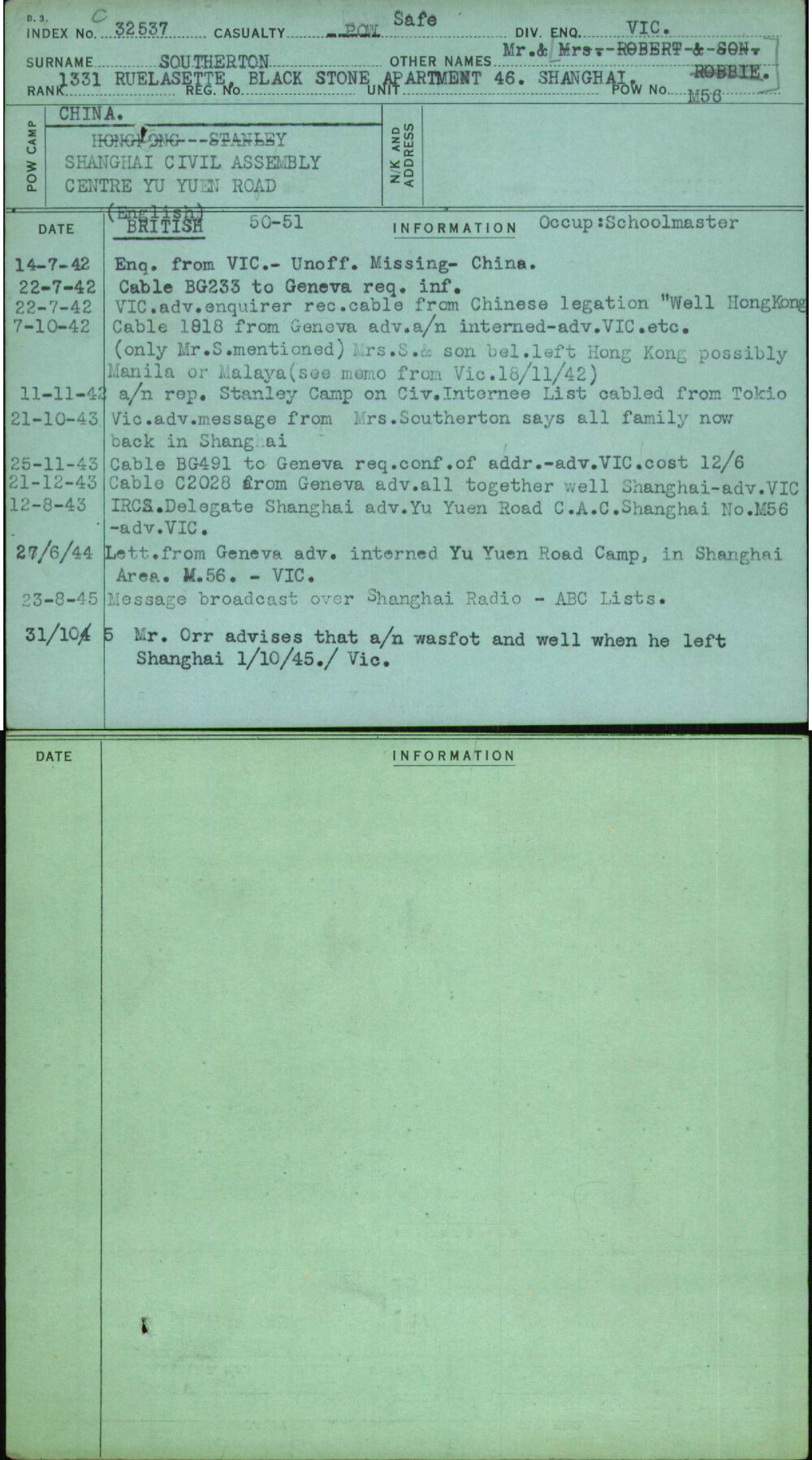 Southerton, Mr &amp; Mrs Robert &amp; Son Robbie, [No Service Number]