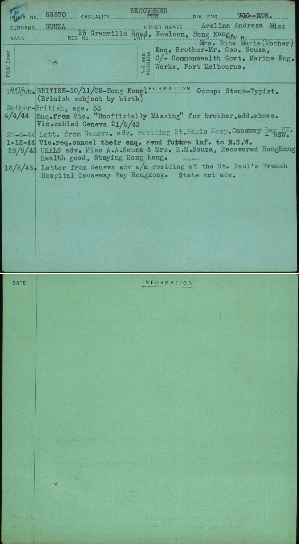 Souza, Avelina Andreza Miss, [No Service Number]