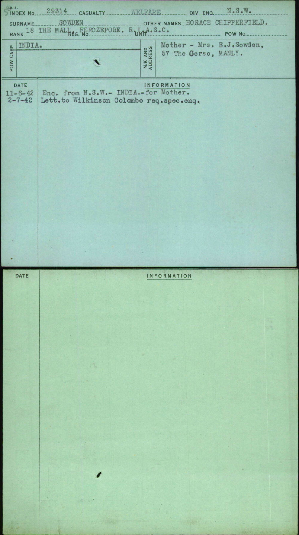 Sowden, Horace Chipperfield, [No Service Number]