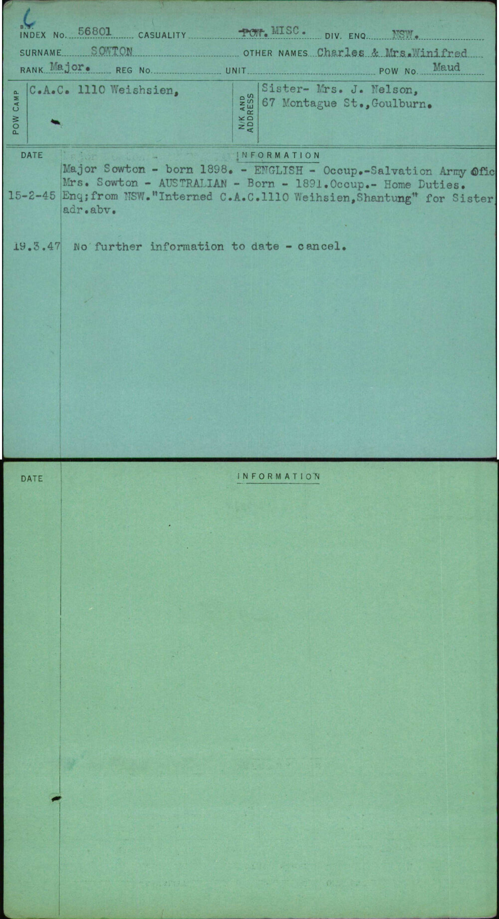 Sowton, Charles &amp; Mrs Winifred, [No Service Number]