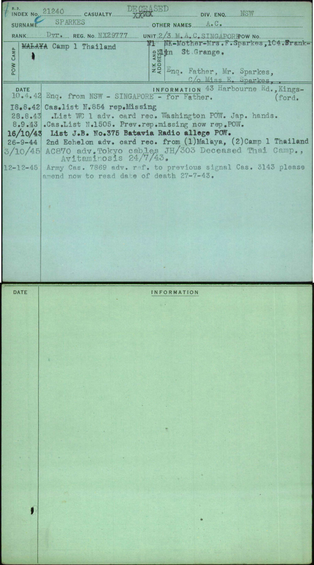 Sparkes, A C, NX29777