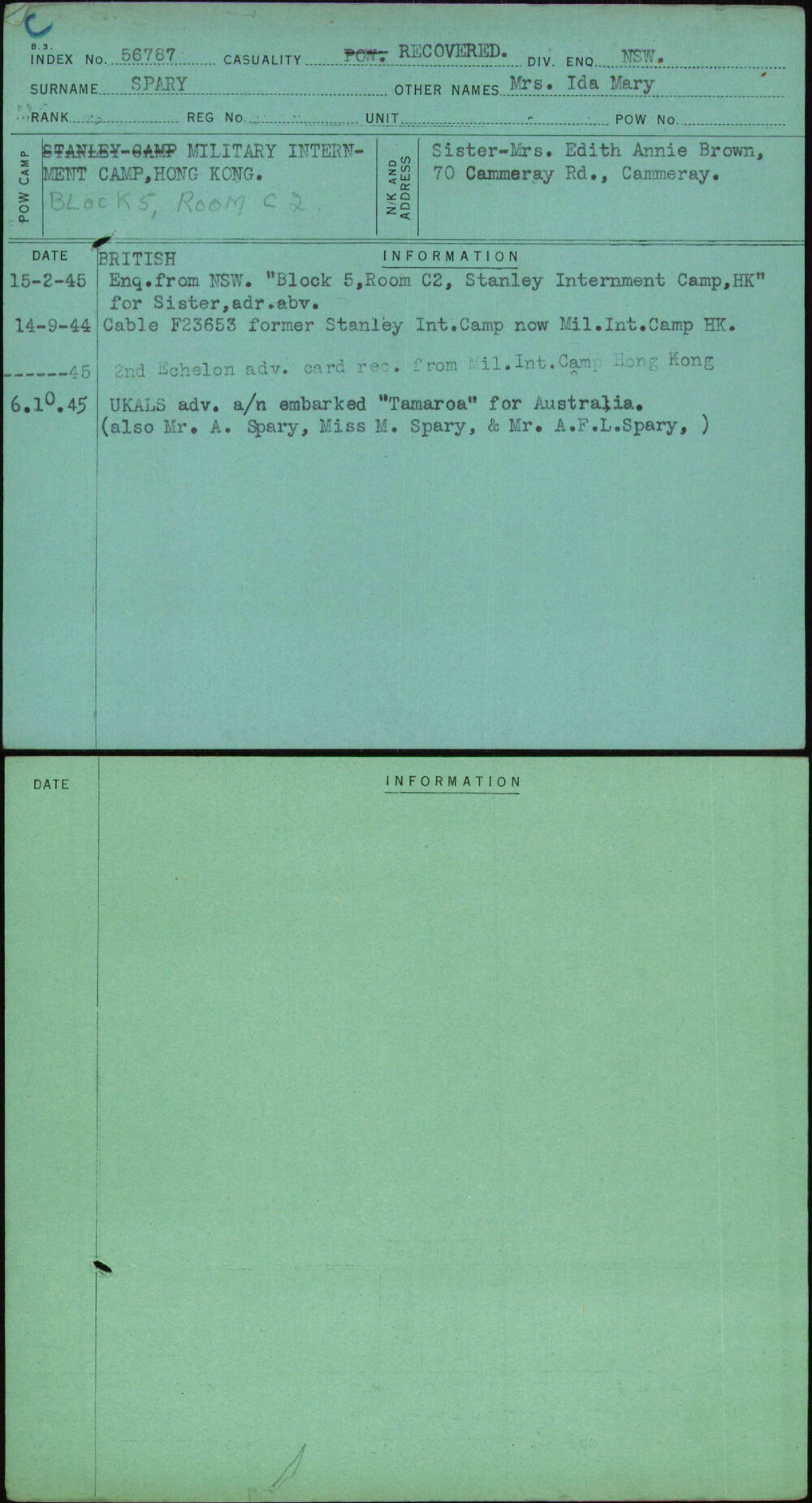 Spary, Mrs Ida Mary, [No Service Number]