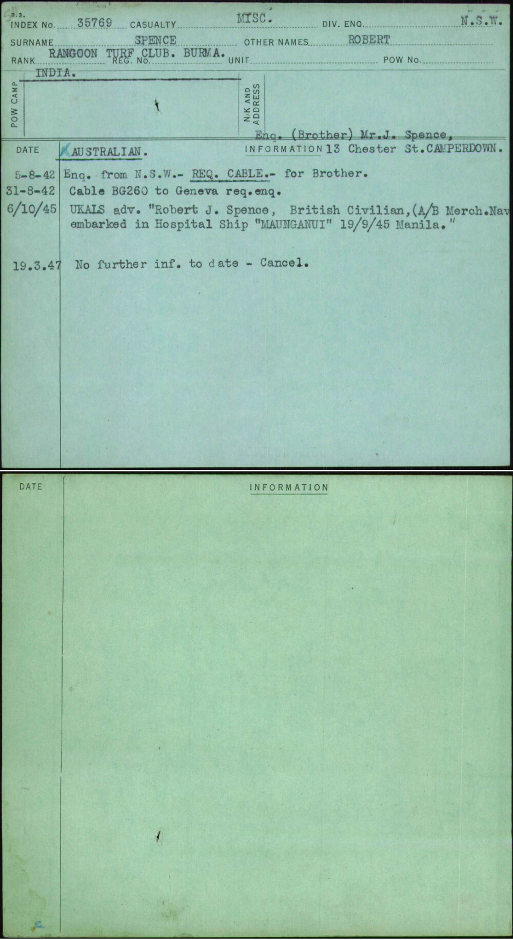 Spence, Robert, [No Service Number]