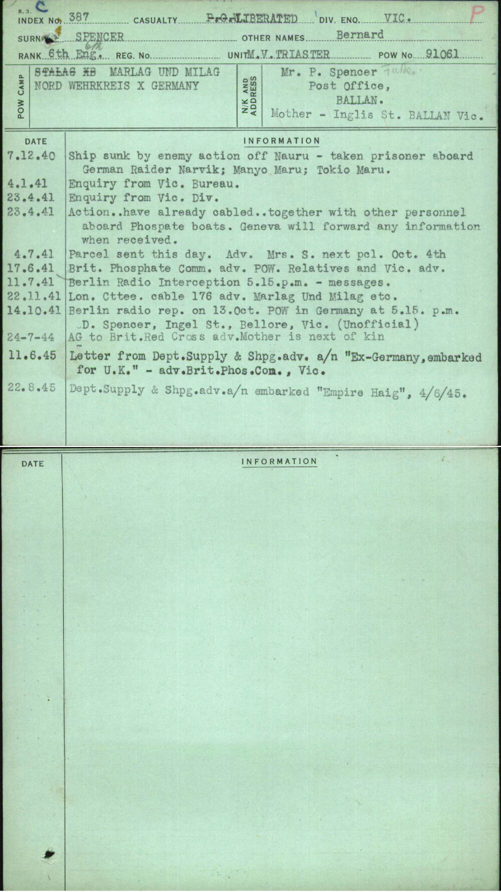 Spencer, Bernard, [No Service Number]