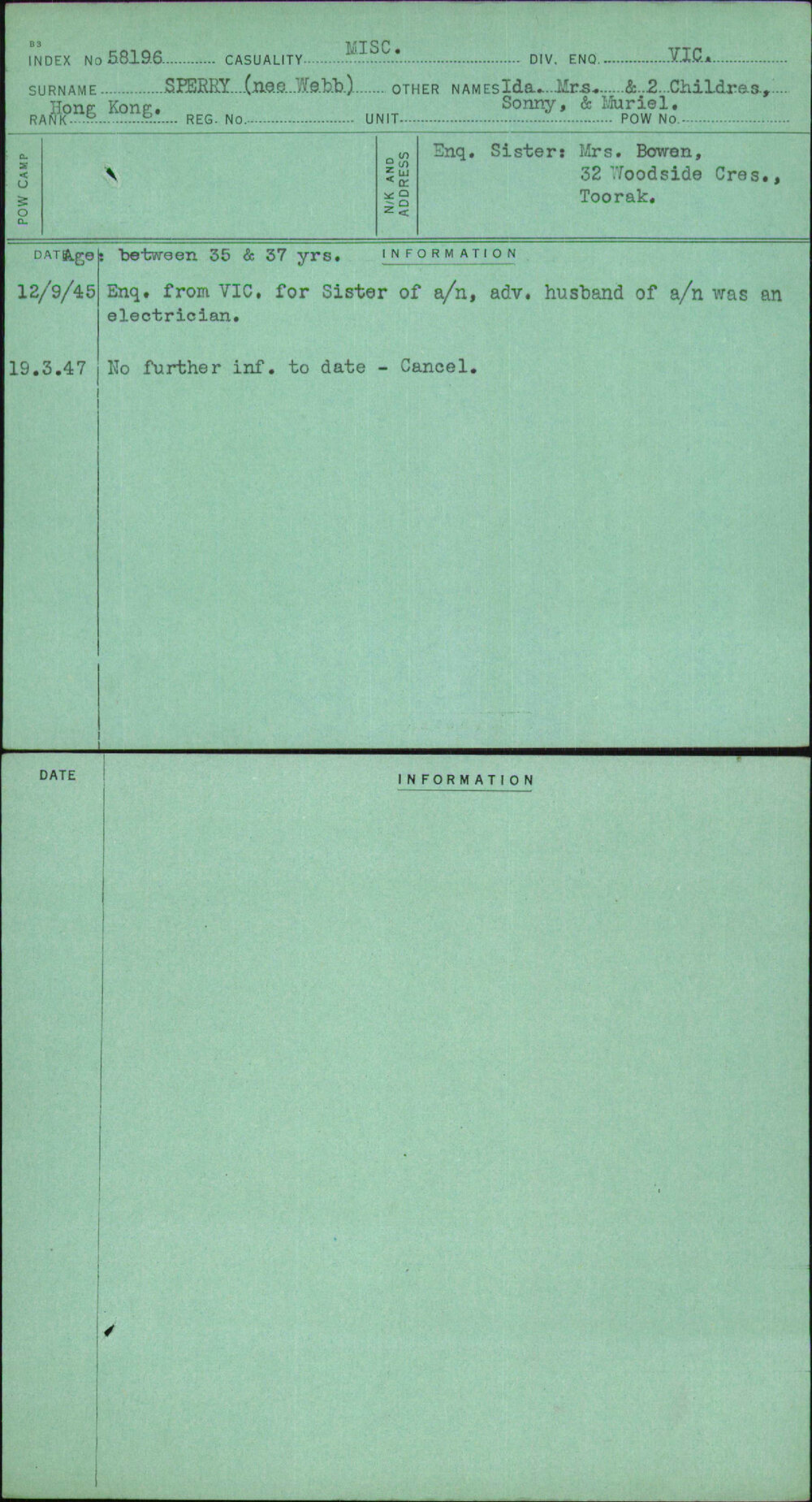 Sperry (Nee Webb), Ida Mrs &amp; 2 Childres Sonny &amp; Muriel, [No Service Number]