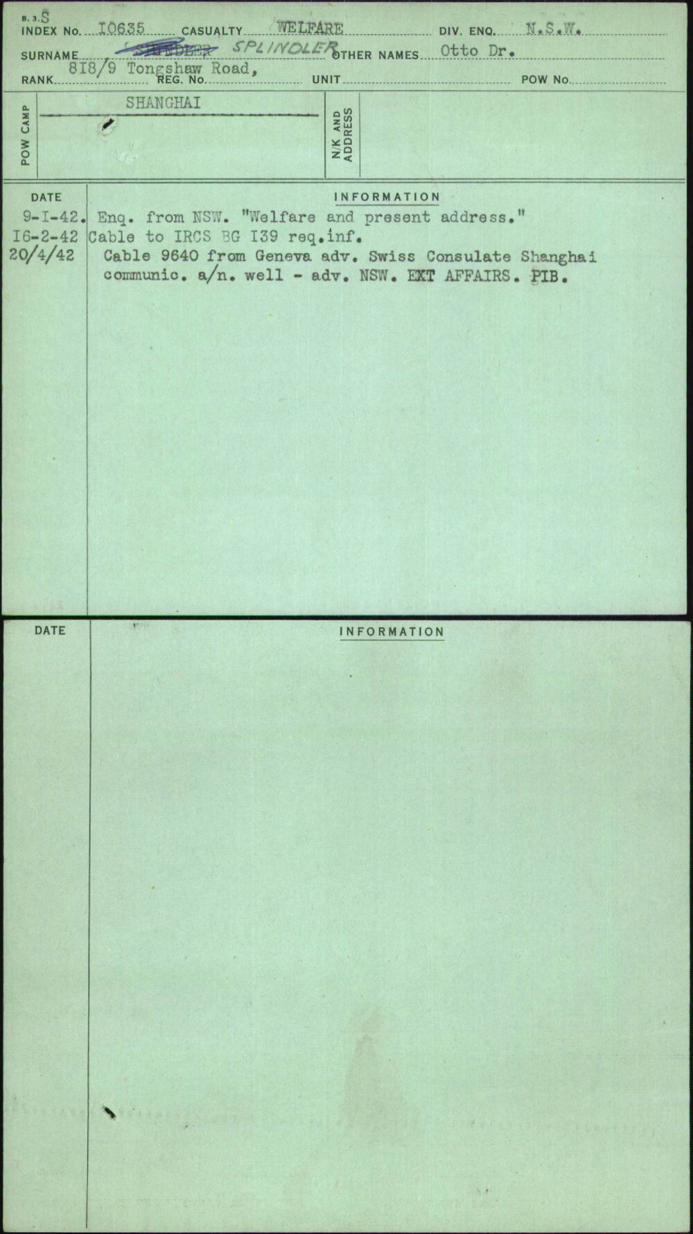 Splindler, Otto Dr, [No Service Number]