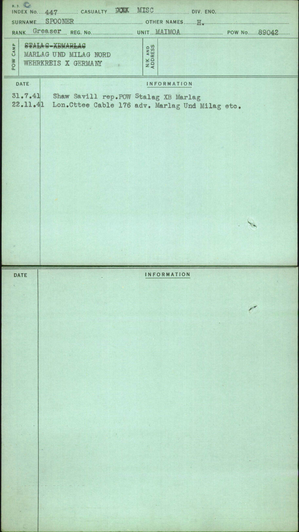 Spooner, H, [No Service Number]