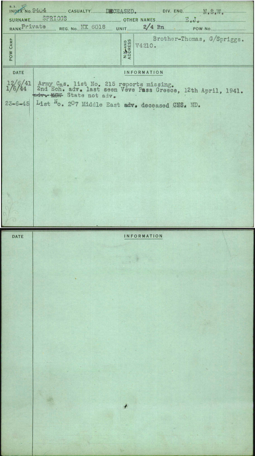 Spriggs, E J, NX6018