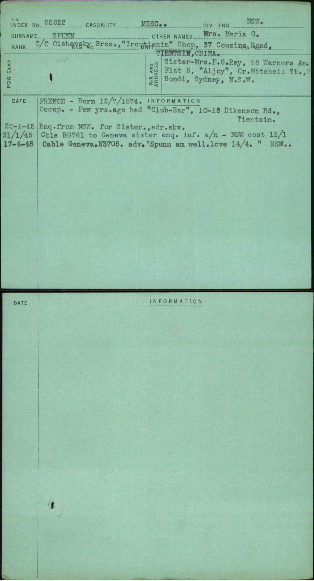 Spunn, Mrs Maria G, [No Service Number]