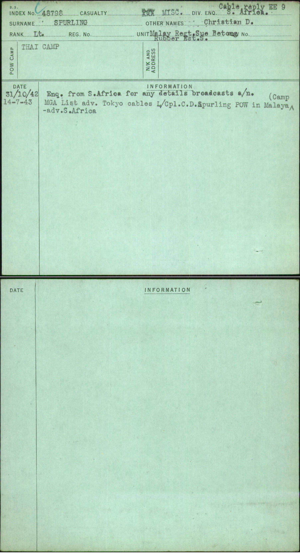 Spurling, Christian D, [No Service Number]