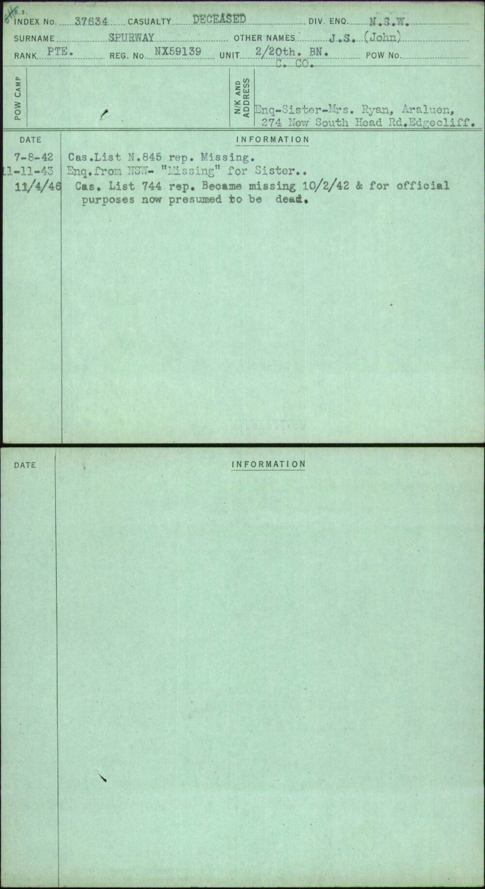 Spurway, J S (John), NX59139