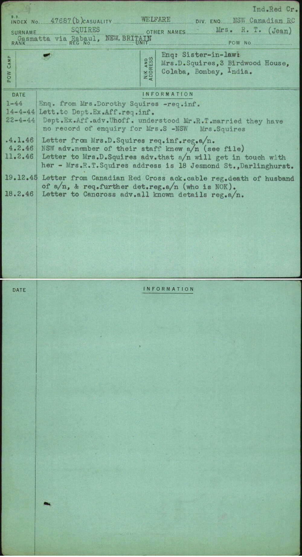 Squires, Mrs R T (Jean), [No Service Number]