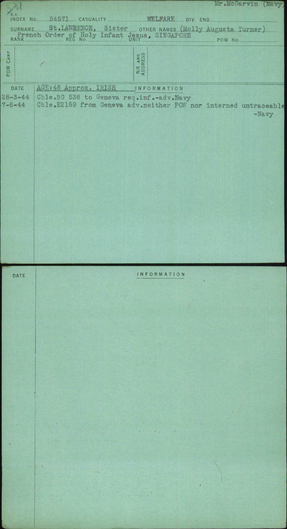 St Lawrence Sister, (Molly Augusta Turner), [No Service Number]