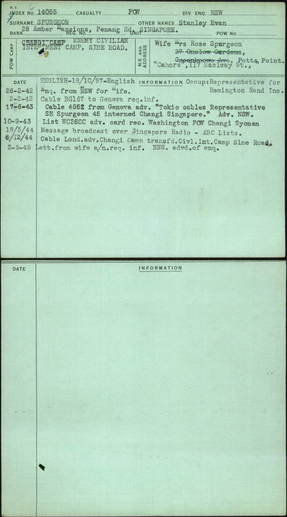 Spurgeon, Stanley Evan, [No Service Number]